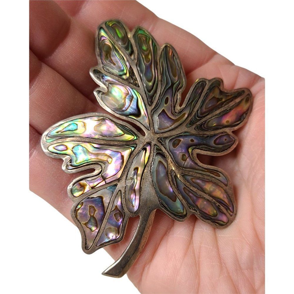 LARGE Vintage Abalone LEAF BROOCH Pin signed Mexico 925‎